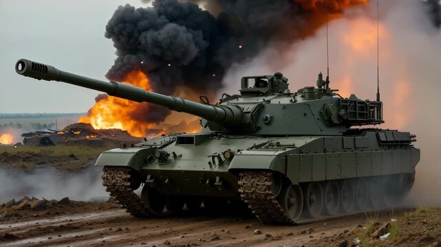 A military tank moves through a rugged landscape while explosions erupt in the background. Smoke rises as soldiers carry out training exercises near a conflict area