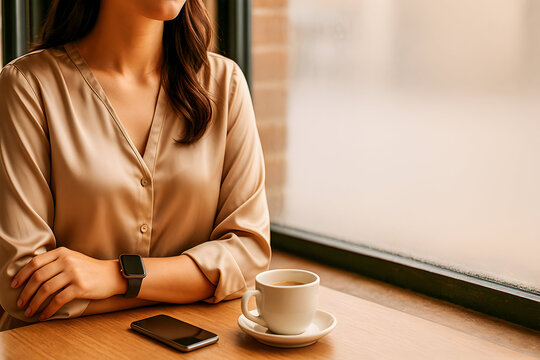 Woman at Cafe with Coffee and Smartphone, Smartwatch (No Face)