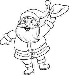Merry Cartoon Santa Claus Waving - Hand-Drawn Black and White Line Art Illustration for Holiday Coloring Books and Christmas Designs
