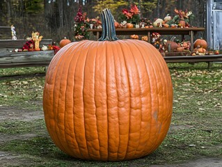 Giant orange pumpkin on display at an outdoor autumn market scene