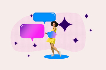 Full 3d photo banner image collage of happy girl dance bubble communication icon cloud conversation networking chatterbox