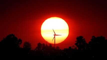 Bright red sunset behind wind turbine silhouettes on desert landscape with sparse trees and buildings,