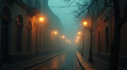 Empty cobblestone street with glowing lanterns and drifting fog creating a mysterious Halloween atmosphere with gentle orange light

