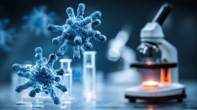 Virus floating near test tubes and microscope in a laboratory