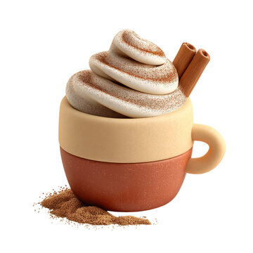 3D Latte Art with Cinnamon Sticks, Creamy Coffee, and Isolated on White.