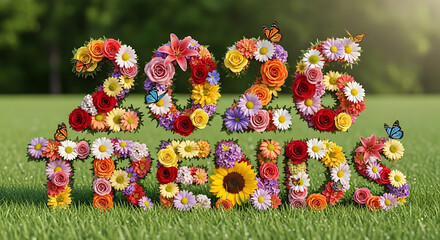 Floral 2026 trends text made of colorful flowers and butterflies on grass