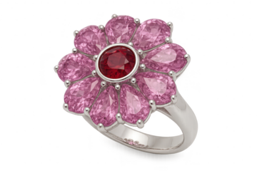 Elegant flower shaped ring with pink petals isolated on transparent background