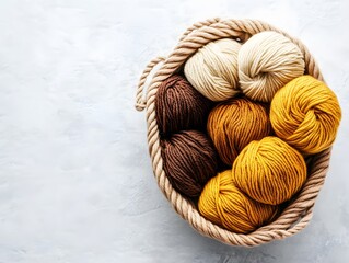 Colorful yarn balls in rope basket against concrete background with copy space