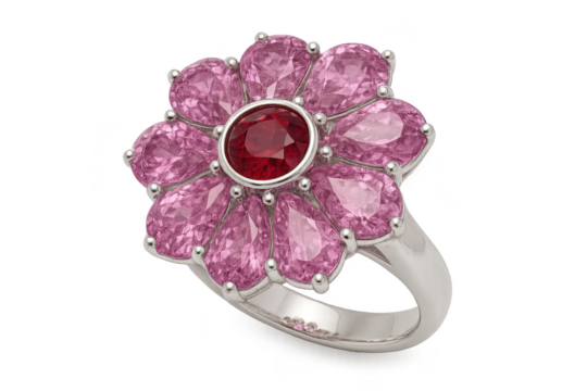 Elegant flower shaped ring with pink petals isolated on transparent background