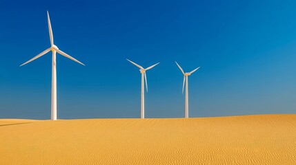 Three white wind turbines stand tall in a vast desert landscape under a clear blue sky,