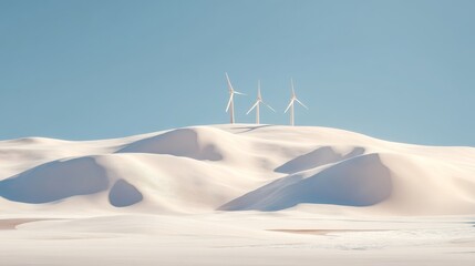 Three wind turbines stand tall on a snow covered hill under a clear blue sky,