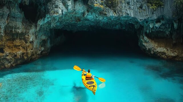 Serene kayaking adventure in vibrant turquoise cave with rocky walls