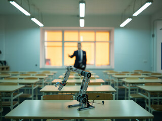 A humanoid robot stands on a desk in an empty classroom with rows of desks and chairs under fluorescent lights