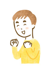 何かを見てガッツポーズしている男性の上半身イラスト