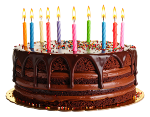 Chocolate Birthday Cake with Colorful Candles, Front View, isolated on transparent background