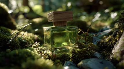 Perfume bottle displayed on mossy ground with wooden cap