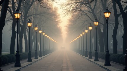 Balanced view of an empty boulevard under a dense light canopy and oversized ornaments; slight fog adds elegant depth and glow

