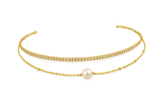 Elegant gold choker necklace with diamonds and pearl isolated on transparent background - Powered by Adobe