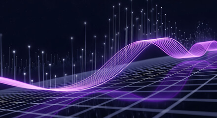 Abstract digital wave of glowing particles and data points on a grid, representing technology and network
