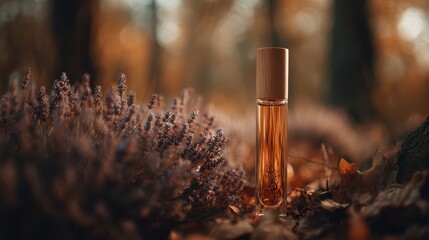 Perfume bottle in amber glass with wooden stopper outdoors
