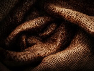 Abstract close-up of flowing brown burlap fabric, earthy texture and organic material