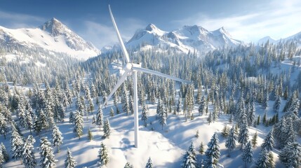 Aerial view of a single wind turbine standing tall amidst a snowy forest landscape,