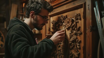 Skilled artisan meticulously carving intricate floral details into a beautiful wooden panel, showcasing traditional craftsmanship and dedication