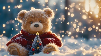 Fototapeta premium Teddy Bear in Winter Wonderland with Christmas Tree
