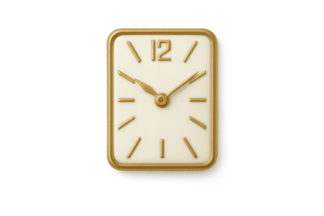 Elegant square clock with gold trim isolated on transparent background time