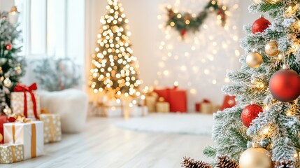 Festive Christmas scene with decorated trees, gifts, and warm lights creating a cozy atmosphere.
