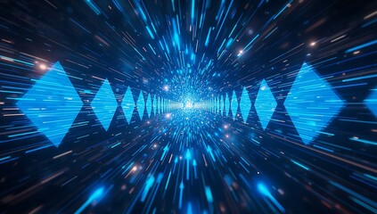 Obraz premium Abstract blue light tunnel with diamond shapes and streaks of light
