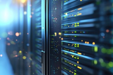 Server racks with glowing green and yellow lights in a futuristic data center corridor, perfect for IT infrastructure, cloud computing, enterprise, and advanced technology presentations