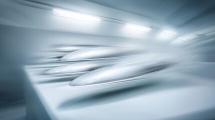 A futuristic high-speed train glides smoothly along sleek tracks,