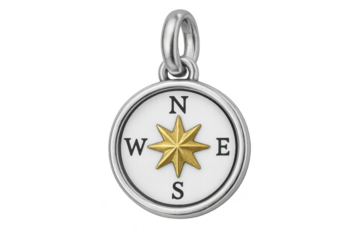 Compass pendant with a golden star isolated on transparent background, silver