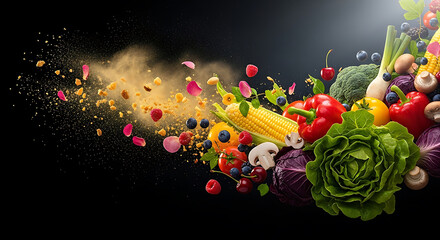 A vibrant explosion of fresh vegetables and berries against a dark background, suggesting healthy eating and culinary creativity