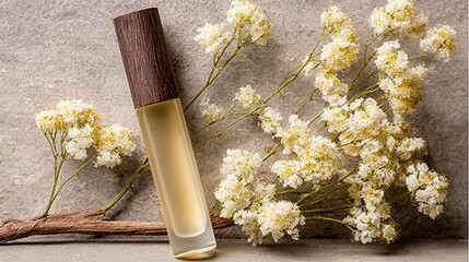 Perfume bottle on display with flowers in a minimalist style