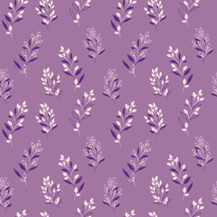 Seamless vector pattern with elegant twigs and leaves in soft cream and purple tones on a lavender background. Designs for fabric, wallpaper, packaging, and modern  projects