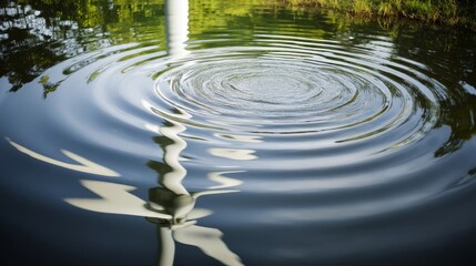 Serene water surface with gentle ripples surrounded by lush greenery,