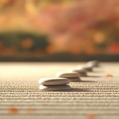 Zen garden stones stacked in a row symbolizing balance and meditation, autumn background