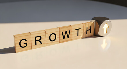 Wooden blocks spelling growth with a metallic cube showing an upward arrow, symbolizing business progress and success