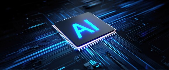 AI microchip with glowing blue circuits on a futuristic motherboard, perfect for IT innovation, artificial intelligence, cloud computing, and advanced digital technology visuals