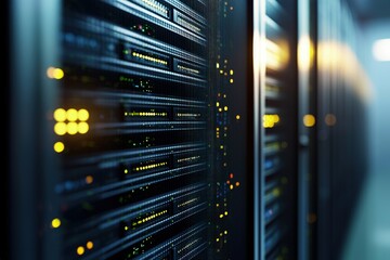 Close-up of glowing server racks in a modern data center with illuminated yellow and green lights, perfect for IT infrastructure, cloud computing, enterprise, and digital technology designs