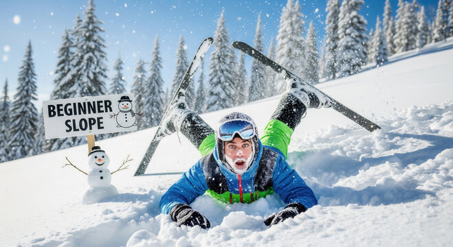 Funny winter Christmas image of a Beginner skier faceplant on snowy alpine slope.