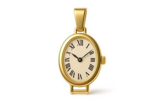 Elegant golden pendant watch isolated on transparent background, luxurious time