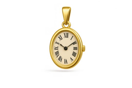 Elegant gold pendant watch with Roman numerals isolated on transparent background