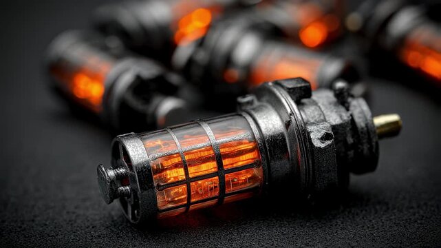 Closeup of a halogen taillight bulb with warm illumination focus on its filament structure while the surrounding tools remain softly out of focus.