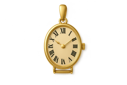 Elegant gold pendant watch isolated on transparent background, timeless design