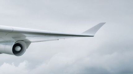 Aircraft wing with sleek silver turbofan engine against cloudy sky,