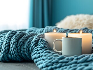 Cozy home scene featuring candles, coffee mug, and chunky knit blanket offering a tranquil setting