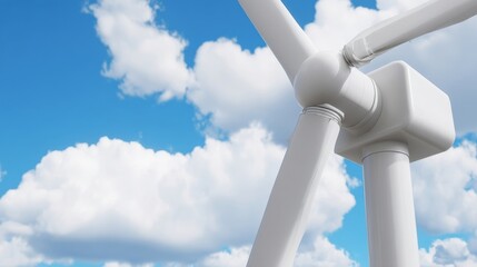 Close-up of a wind turbine tower with smooth white surface and detailed support structure against blue sky with clouds,